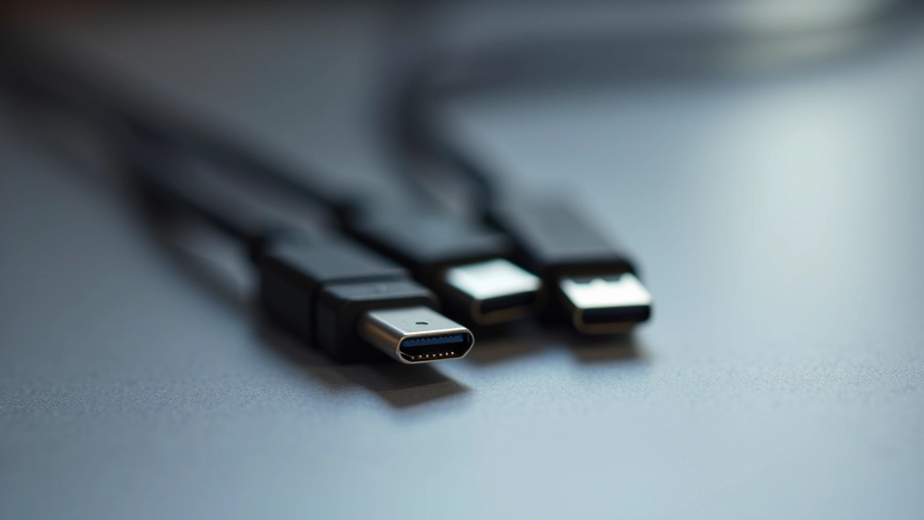 Cables HDMI, DisplayPort y USB-C enrollados sobre superficie gris con etiquetas