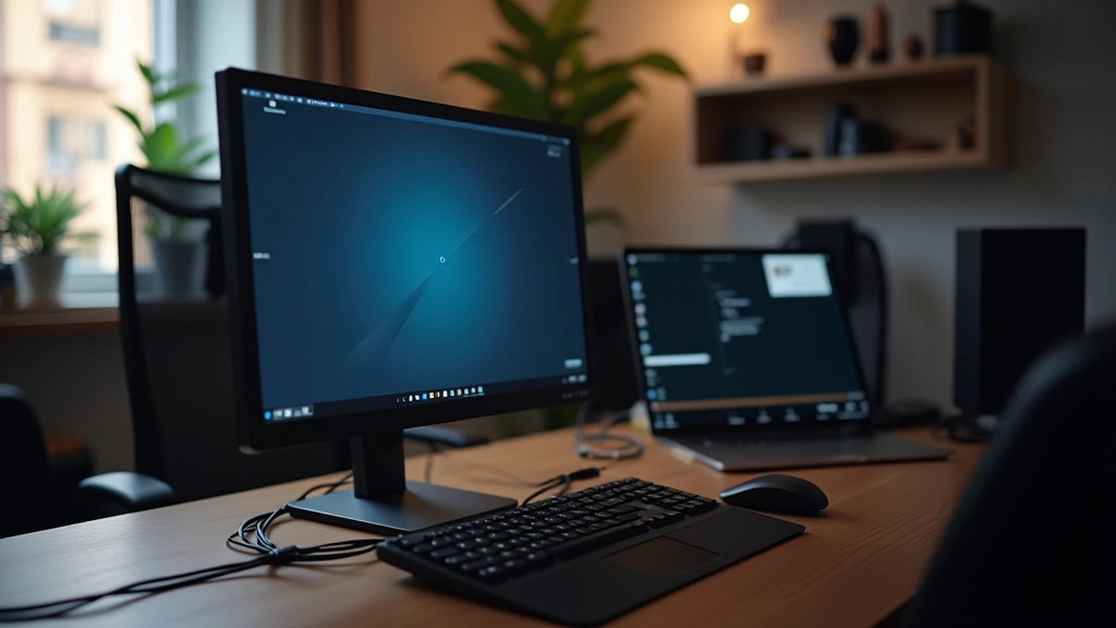 Configuración de doble monitor con pantallas alineadas y cables organizados profesionalmente