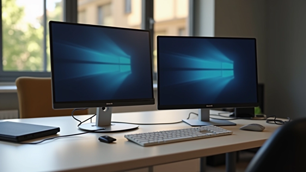 Dos monitores conectados a una computadora portátil en un escritorio moderno con cable HDMI y DisplayPort