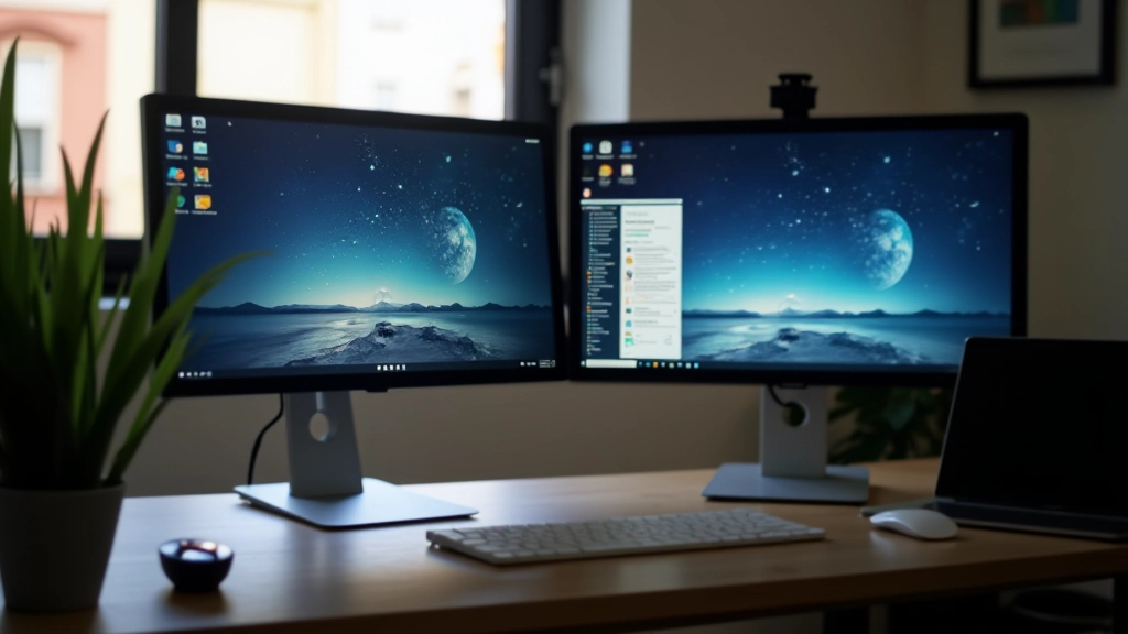 Escritorio con dos monitores lado a lado mostrando diferentes ventanas abiertas, luz natural de la ventana