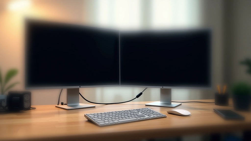 Configuración de doble monitor con cables HDMI y USB-C organizados en escritorio de madera