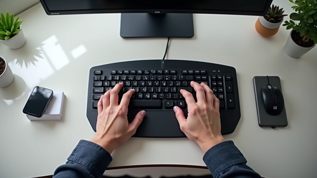 Teclado ergonómico dividido mostrando la posición correcta de las manos y ángulos naturales de la muñeca