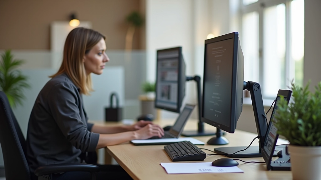 Escritorio ergonómico ajustable en altura con doble monitor y equipamiento profesional