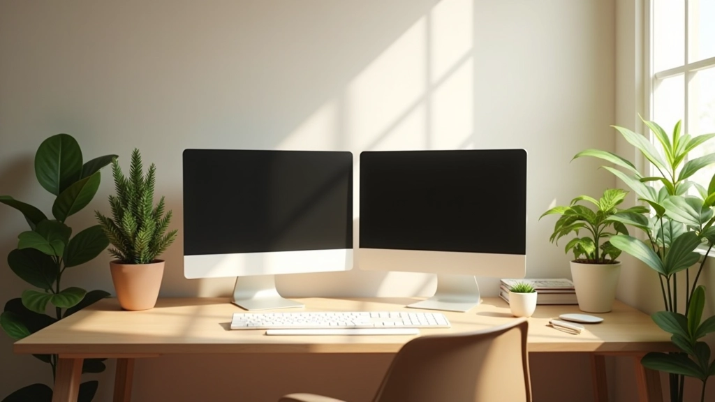 Escritorio minimalista con doble monitor, iluminación natural y plantas decorativas