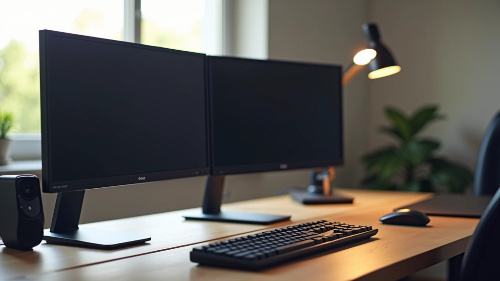 Escritorio profesional con doble monitor, teclado ergonómico y lámpara LED en oficina moderna
