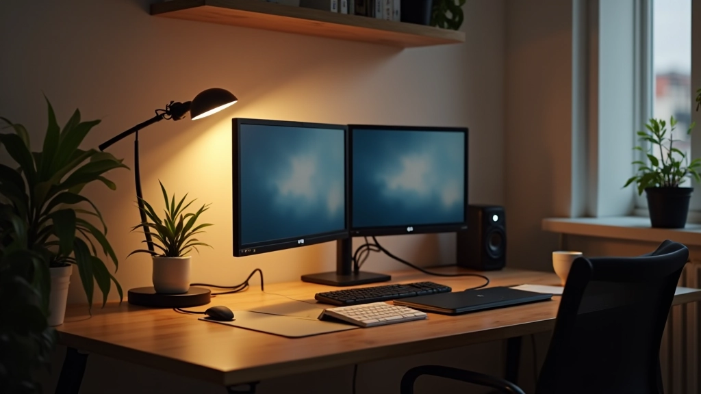 Oficina en casa luminosa con dos pantallas, lámpara de escritorio y cables organizados