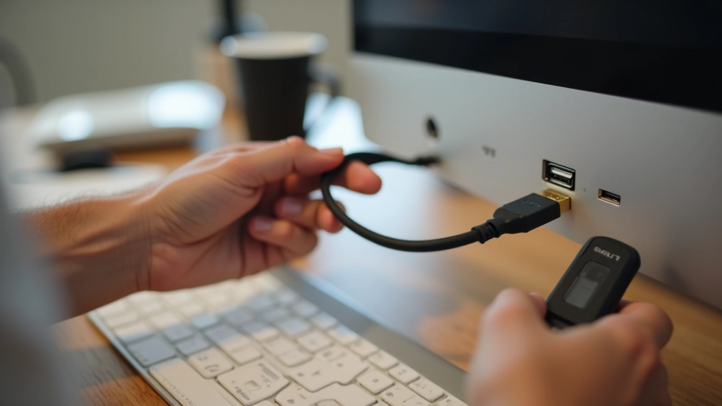 Manos conectando cables HDMI y DisplayPort a los puertos de una computadora, ambiente de escritorio profesional