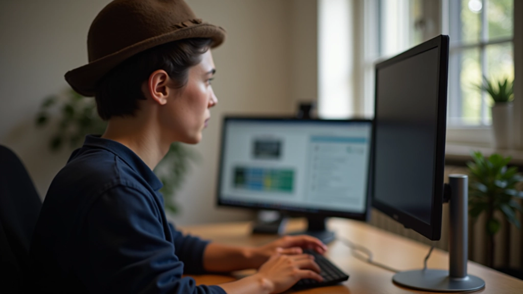 Persona trabajando en escritorio ergonómicamente correcto con dos monitores y buena iluminación