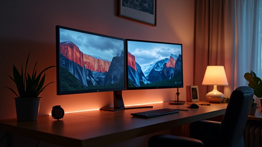 Setup moderno con monitores ultrapanorámicos, iluminación LED y decoración minimalista