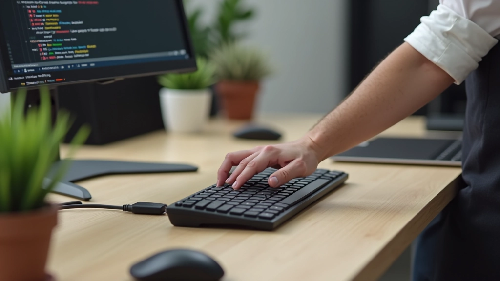 Teclado mecánico ergonómico y ratón inalámbrico sobre escritorio de madera